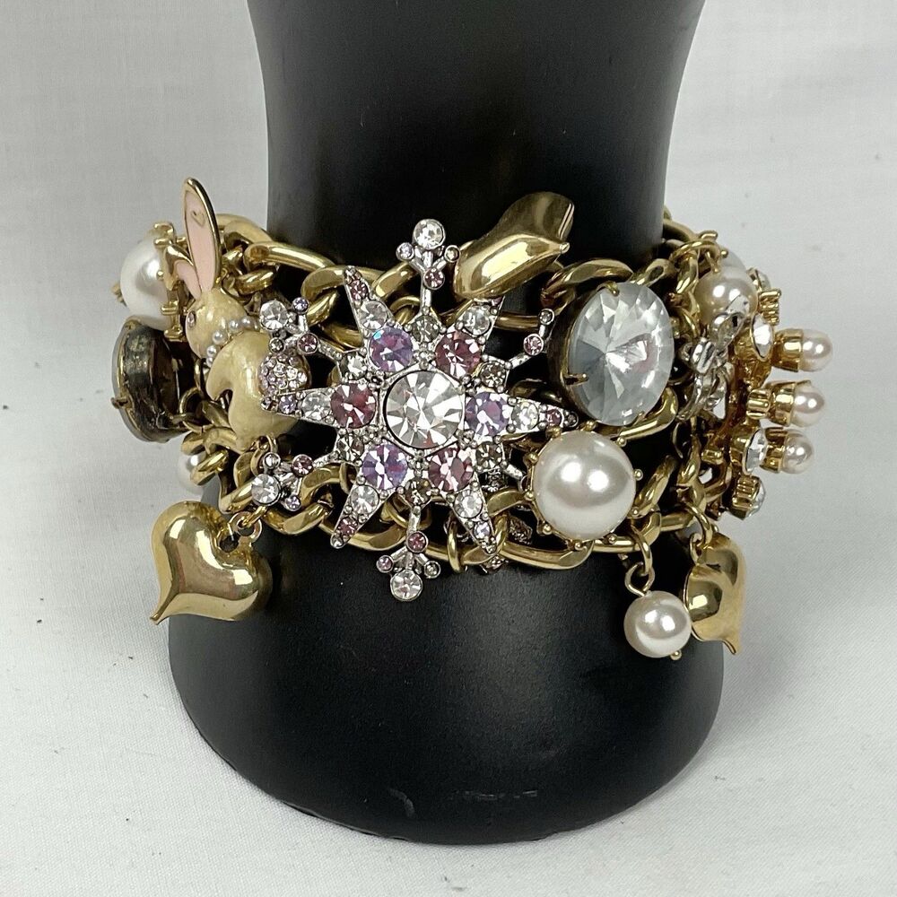 Betsy Johnson Vintage Hearts Bows Bracelet Charm Statement Gold Pearls Bunny